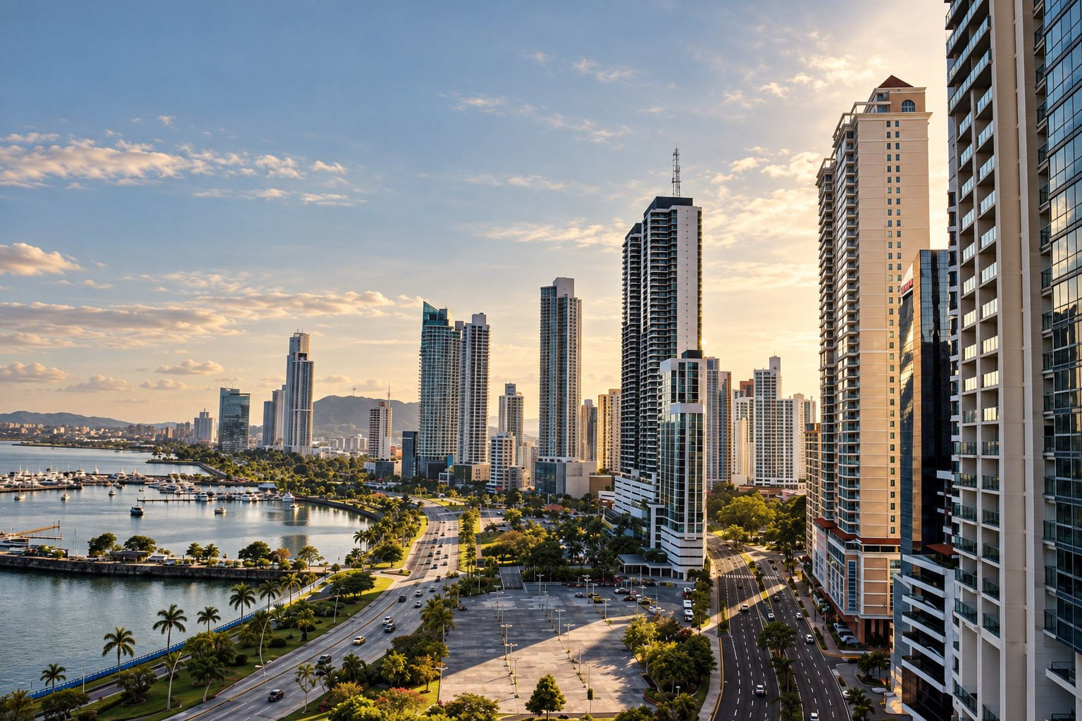 Torres da Avenida Balboa ao entardecer, com a Cinta Costera, palmeiras e barcos na baía.