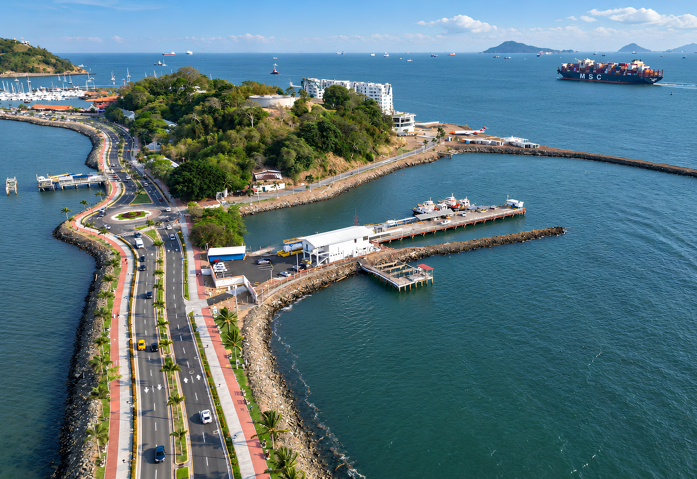 Vista aérea da Calzada de Amador, com a marina, as ilhas e um navio no Pacífico.