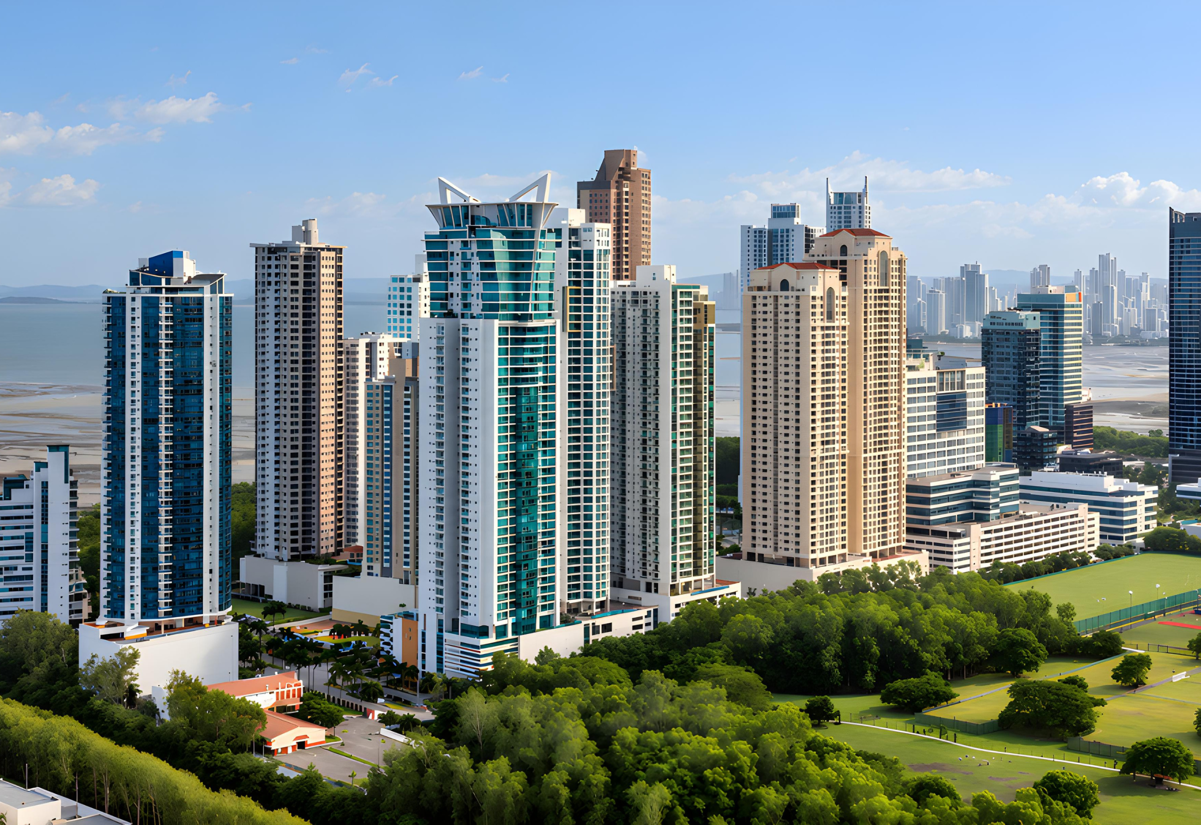 Torres de Costa del Este entre áreas verdes, com o Pacífico ao fundo.