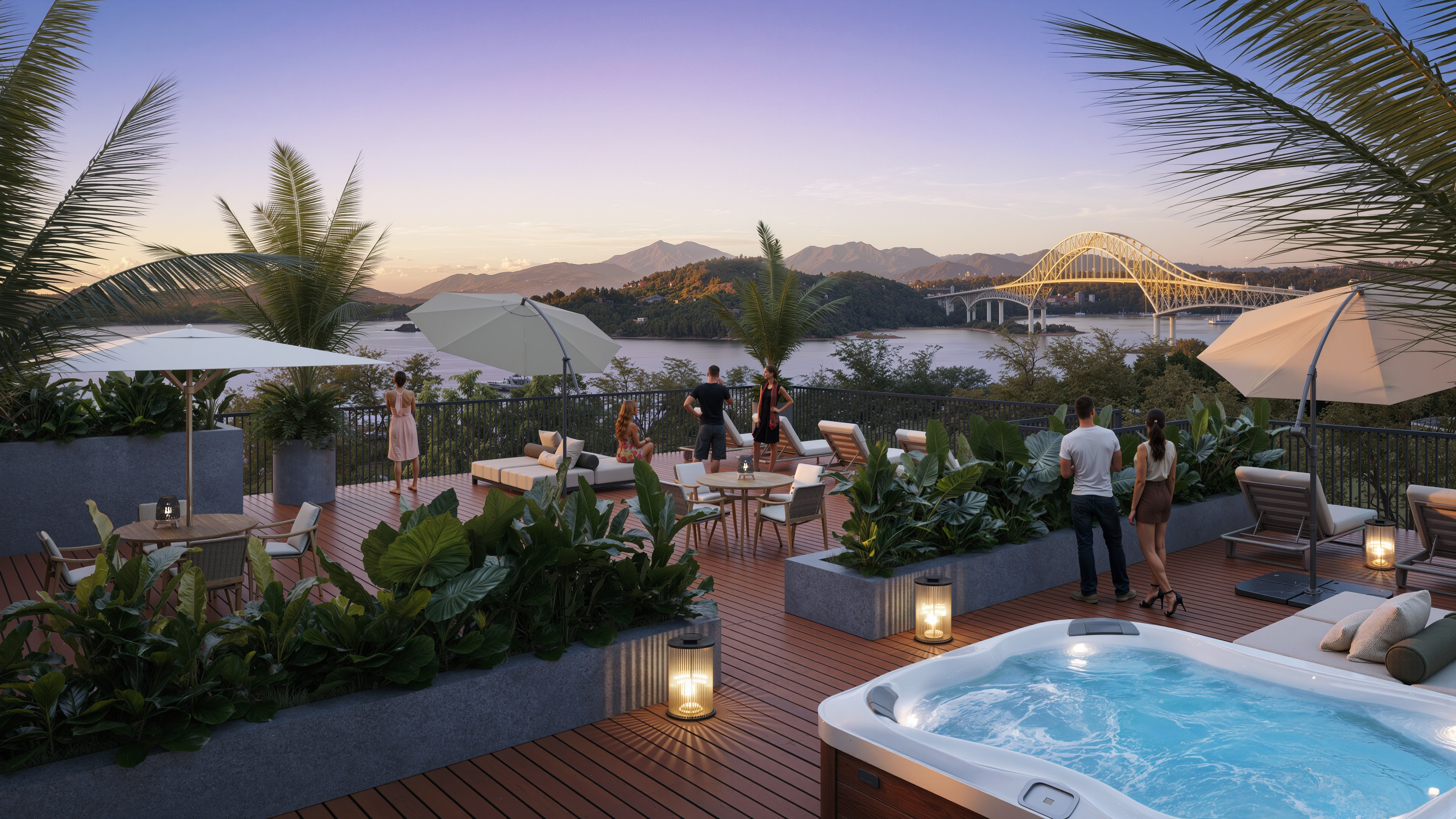 Terraço com jacuzzi e vista para a Ponte das Américas ao entardecer, na Calzada de Amador.